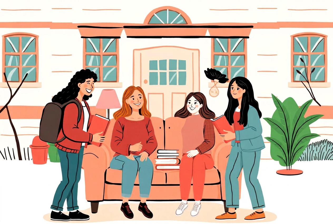Students sharing items in front of a dorm